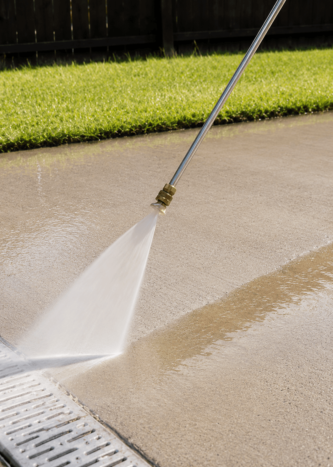 A pressure washer wand spraying a concrete walkway, lifting dirt out of the surface